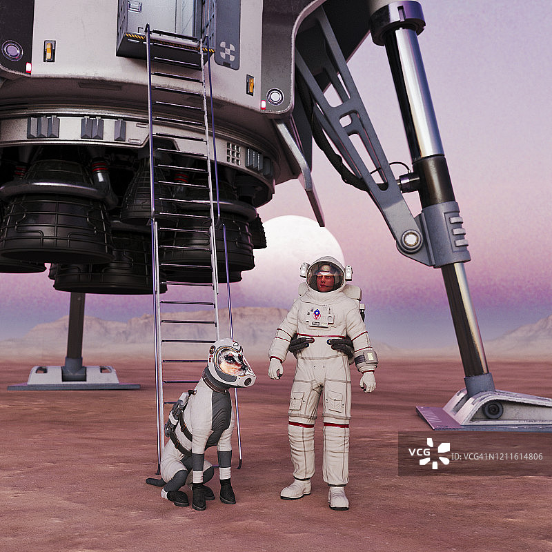 宇航员穿着宇航服带着狗在火箭飞船外探索星球图片素材