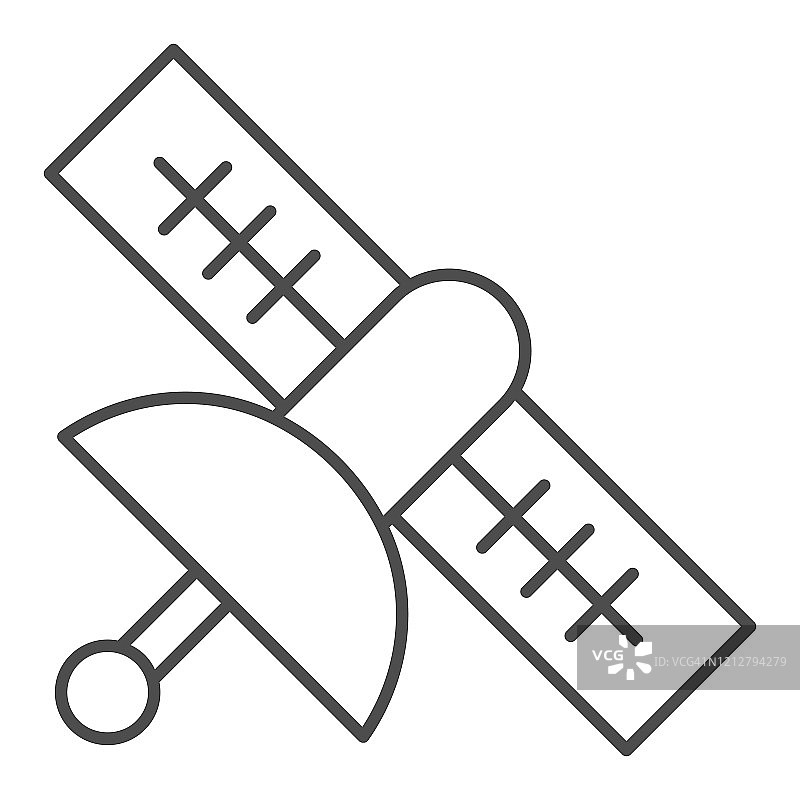 卫星细线图标。民用或军用轨道上的对地观测物体符号，白色背景上的轮廓式象形图。军事标志的移动概念和网页设计。矢量图形。图片素材