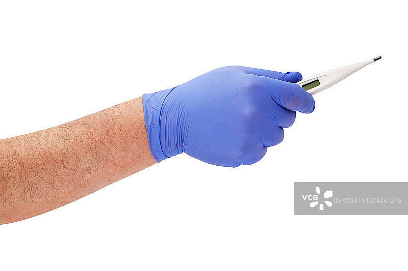 医生的手在一个医疗手套拿温度计，孤立在一个白色的背景图片素材