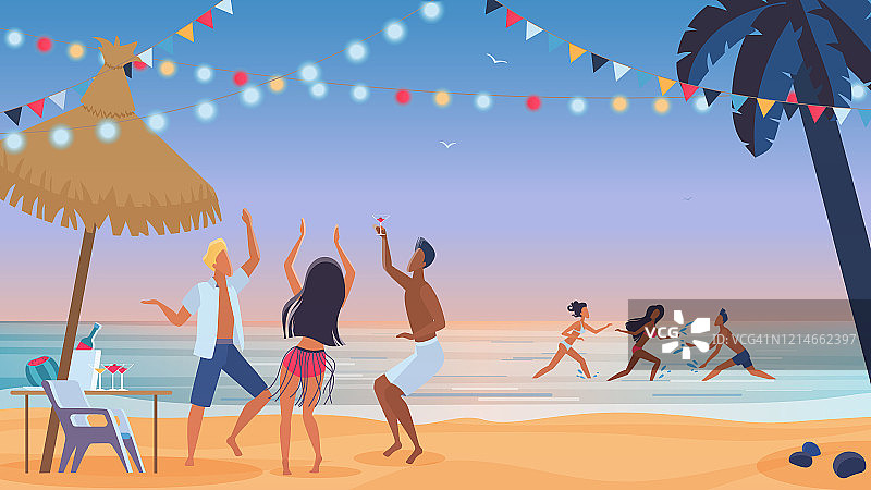 年轻人朋友在沙滩上跳舞卡通矢量插图。年轻的男人和女人，男孩和女孩在日落的海滩晚会上跳舞，在海水中玩得开心。图片素材