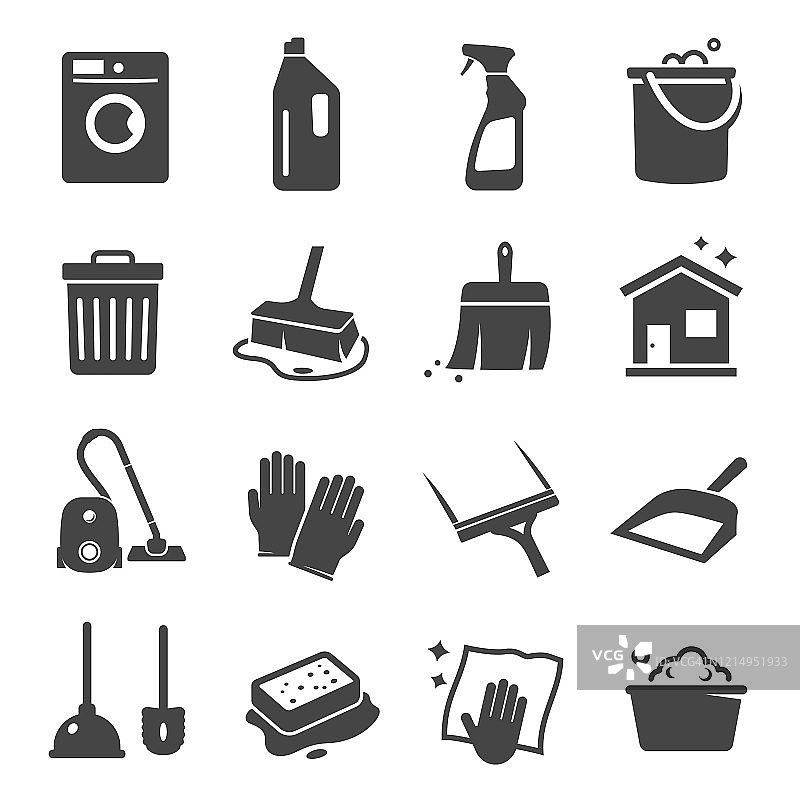 清洁黑色图标，家用设备和服务图片素材