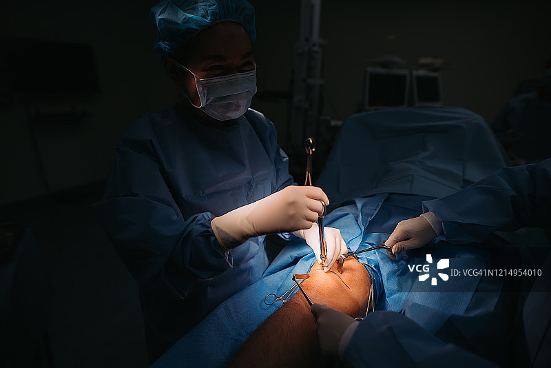 亚洲多种族女性外科医生团队在医院手术室为病人进行腿部手术(关节镜手术)图片素材