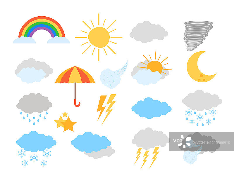 气象气象要素孤立集。矢量平面设计卡通插图图片素材