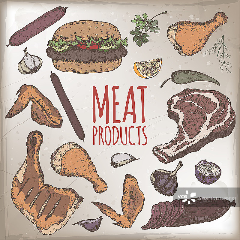 肉制品颜色模板具有冷肉，香肠，汉堡包，牛排，鸡肉，蔬菜草图。图片素材
