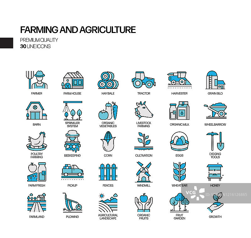 简单的农业和农业相关的矢量线图标。大纲符号集合图片素材