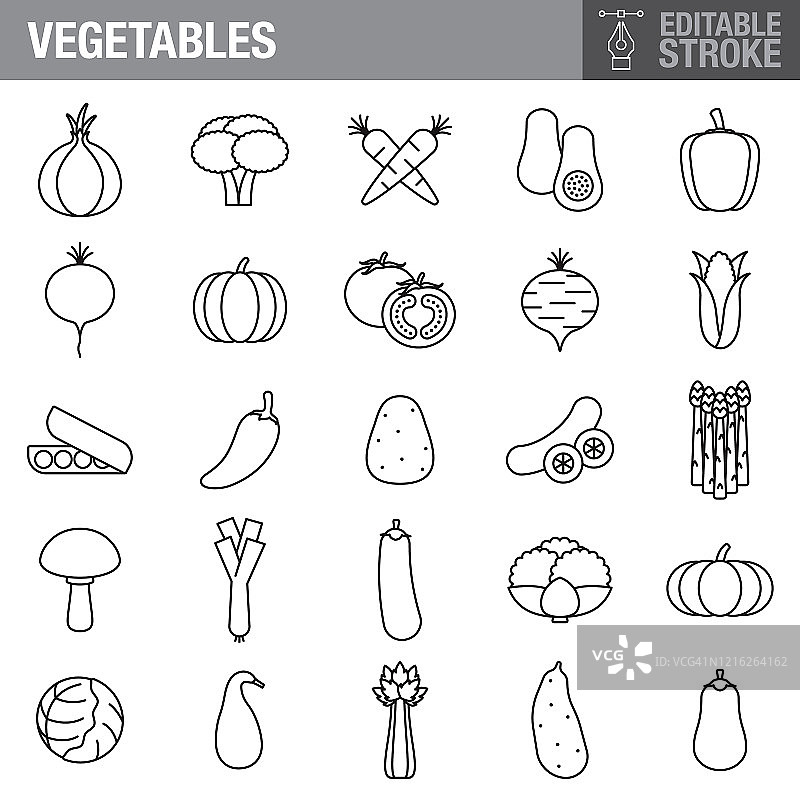蔬菜可编辑的描边图标设置图片素材