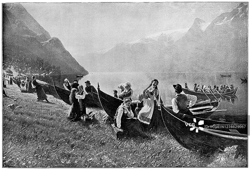 《来到教堂，挪威的星期天早晨》作者:汉斯·达尔——19世纪图片素材