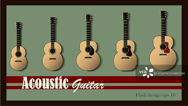 矢量插图的5种不同的原声吉他与复古风格的背景。图片素材