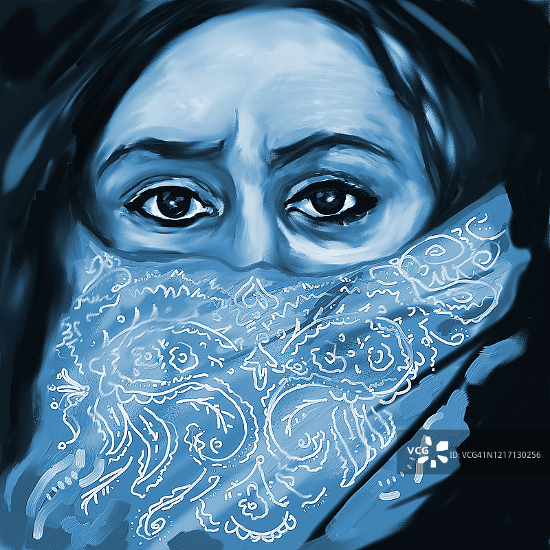 时尚插画现代艺术寓言油画印象派肖像女性保护呼吸道免受冠状病毒感染，用蓝色的深色背景围巾遮住脸部图片素材