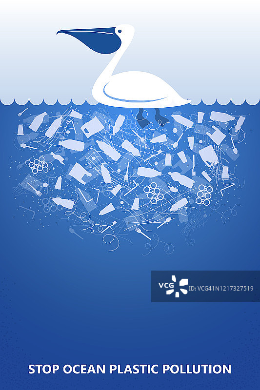 阻止海洋塑料污染。生态海报:水中的鹈鹕，白色塑料垃圾袋，蓝色背景上的瓶子。本空间的地方。平面设计。图片素材