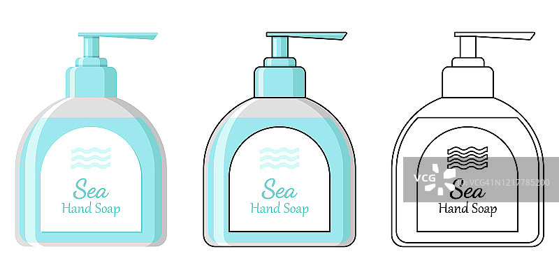 蓝色液体肥皂平面矢量插图。三种不同风格的插图。图片素材