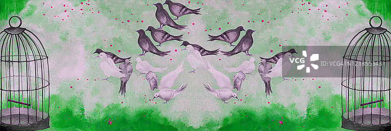 时尚的插画现代艺术作品油画在画布上寓言水平的象征画自由的鸟鸽子在草地上啄食黄金颗粒和一个开放的鸟笼在绿色的背景图片素材