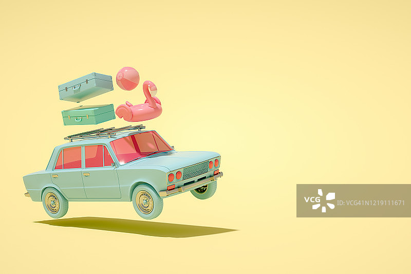 3D汽车和行李，最小的夏天和旅游概念图片素材
