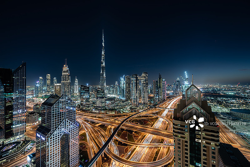 迪拜夜景鸟瞰图图片素材