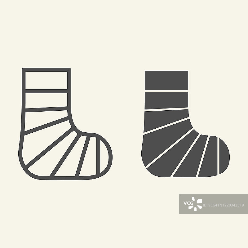 石膏脚线和固体图标。人石膏腿轮廓风格的象形文字上的白色背景。骨折的脚为移动概念和网页设计。矢量图形。图片素材