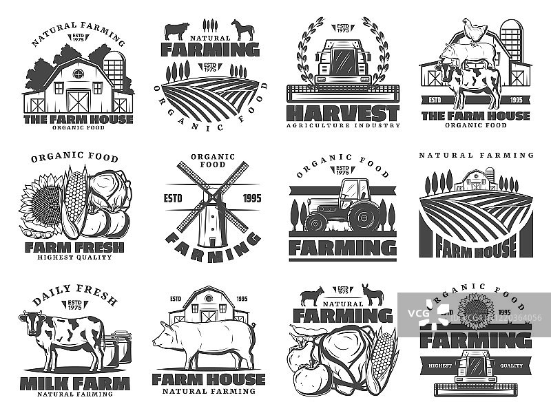 农场乳制品和牛制品，农业标志图片素材