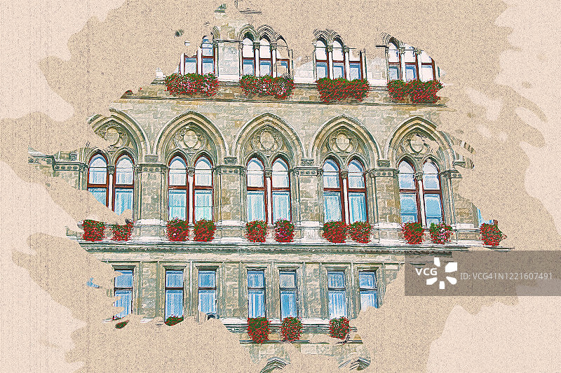 奥地利维也纳市政厅彩色铅笔画。图片素材