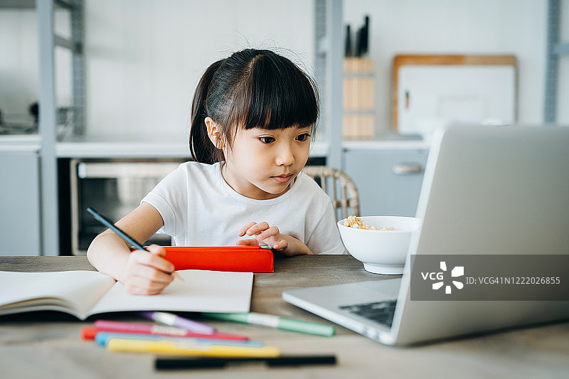 一个亚洲小女孩在家里一边学习一边吃早餐。她使用笔记本电脑和数字平板电脑参加在线学校课程，并在家里写笔记图片素材