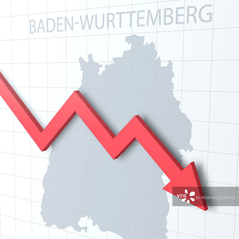 坠落的红色箭头，背景是巴登-符腾堡州地图图片素材