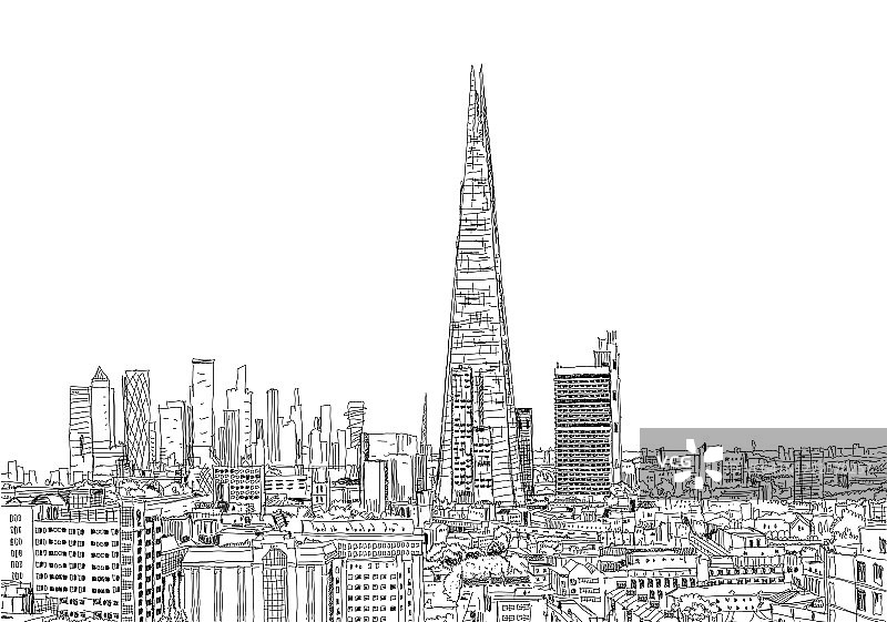 勾勒2020年伦敦商业区的面貌。金融区有银行、写字楼。英国伦敦图片素材