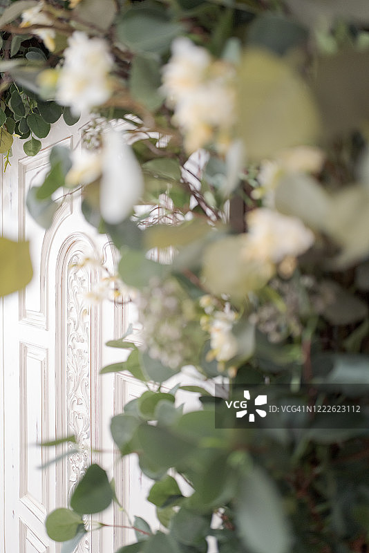 雕刻木门与植物和花卉安排图片素材