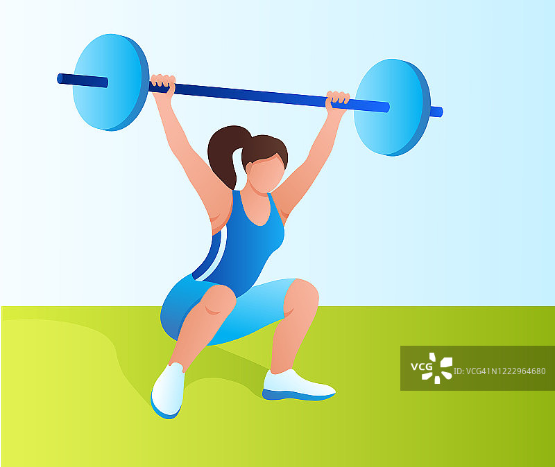 一个穿着运动服的女孩正在用杠铃举重。健美身材，在健身房和家里进行力量锻炼，训练。图片素材