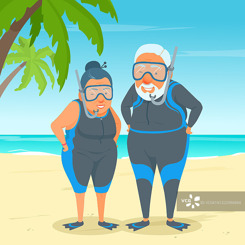 一对快乐的老年夫妇站在沙滩上。休闲阳光明媚的一天。爷爷奶奶穿着潜水服。热带度假旅行。极限运动。图片素材