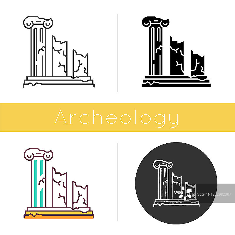 古代遗迹图标。破碎的列。希腊的支柱。失落的城市和文明。考古学。历史古迹。平面设计，线性和色彩风格。孤立的矢量插图图片素材
