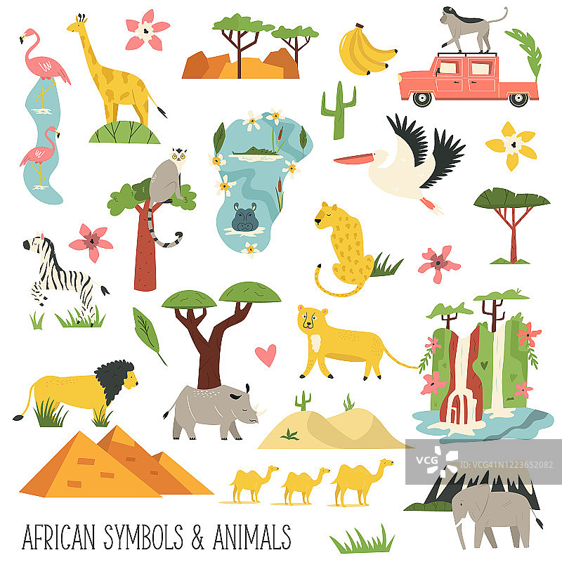 非洲动物和著名的自然地标。大向量束的野生字符图片素材