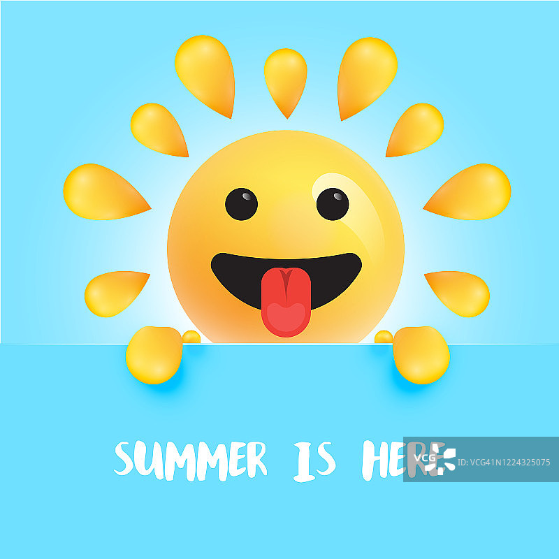 有趣的太阳笑脸与标题“夏天在这里”，矢量插图图片素材