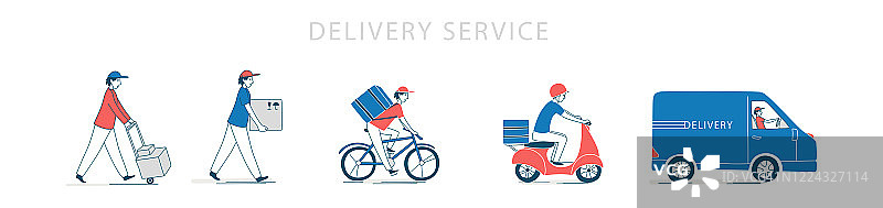 快递交付服务。从网上订购，送快递，自行车，滑板车。图片素材
