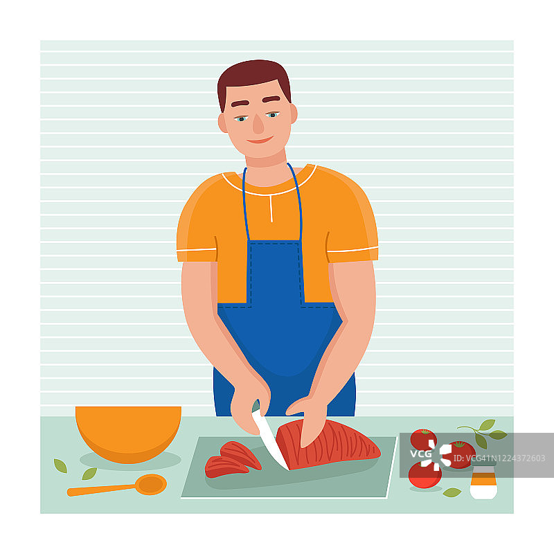 一个年轻人在厨房里做饭。丈夫的家务。平面矢量卡通插图。图片素材