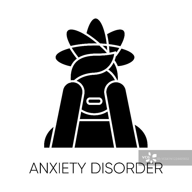 焦虑障碍字形图标。恐惧和担心。抑郁的人。惊恐发作。头痛和偏头痛。心理问题。压力和紧张情绪。轮廓的象征。负空间。向量孤立的插图图片素材