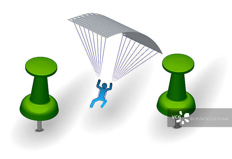 微观世界，滑翔伞在纸降落伞上飞行。加强一个人。极限运动。矢量插图，仿墨水画在方形笔记本纸上图片素材