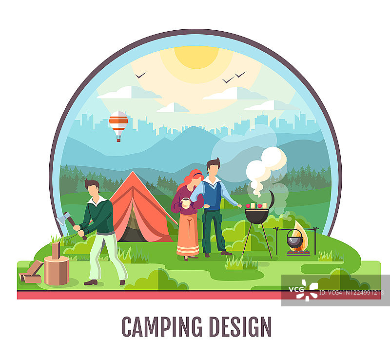 人们在野外露营。户外探险。平面风格矢量插图。图片素材