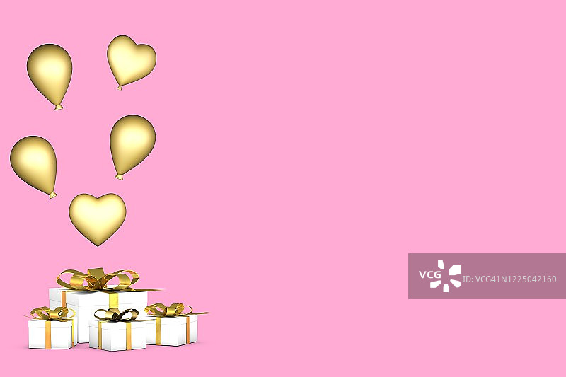 粉色背景上的白色礼盒和金色气球图片素材
