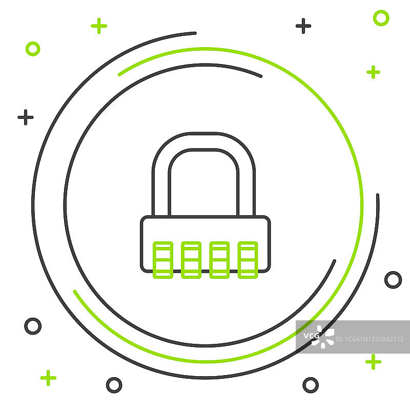 黑绿线安全密码锁图标隔离在白色背景上。组合挂锁。安全，安全，保护，密码，隐私。色彩斑斓的轮廓的概念。矢量图图片素材