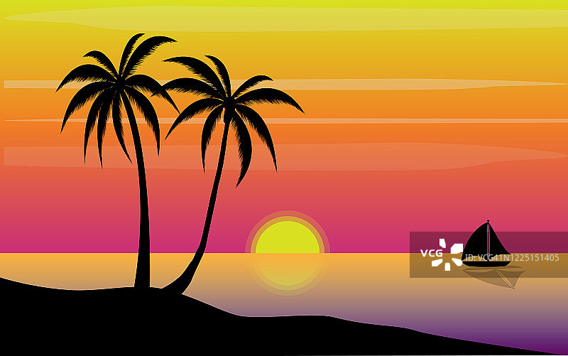 日落在海滩与棕榈树海景图片素材