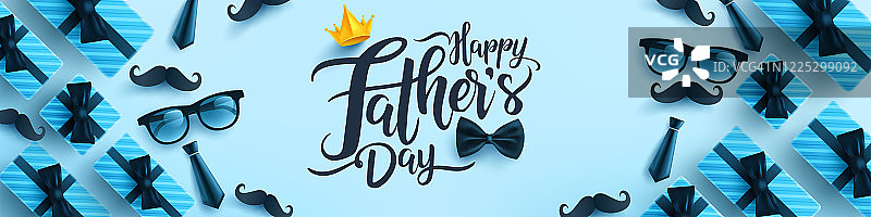 父亲节海报或横幅模板与领带，眼镜和礼盒在蓝色的背景。父亲节的问候和礼物平躺造型。促销和购物模板的爱爸爸图片素材