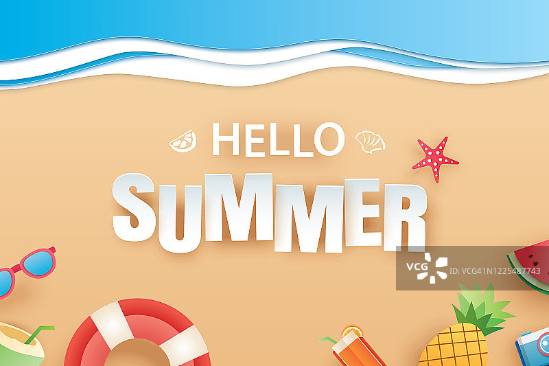 你好夏季海滩顶视图旅游和度假背景。用于横幅模板，贺卡，邀请，波浪和沙海报。图片素材