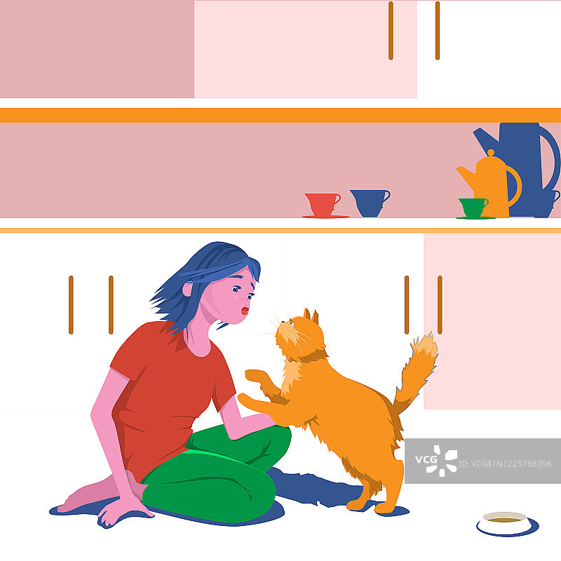 女孩在厨房里拥抱家猫。可爱的卡通人物平面设计矢量插图。图片素材