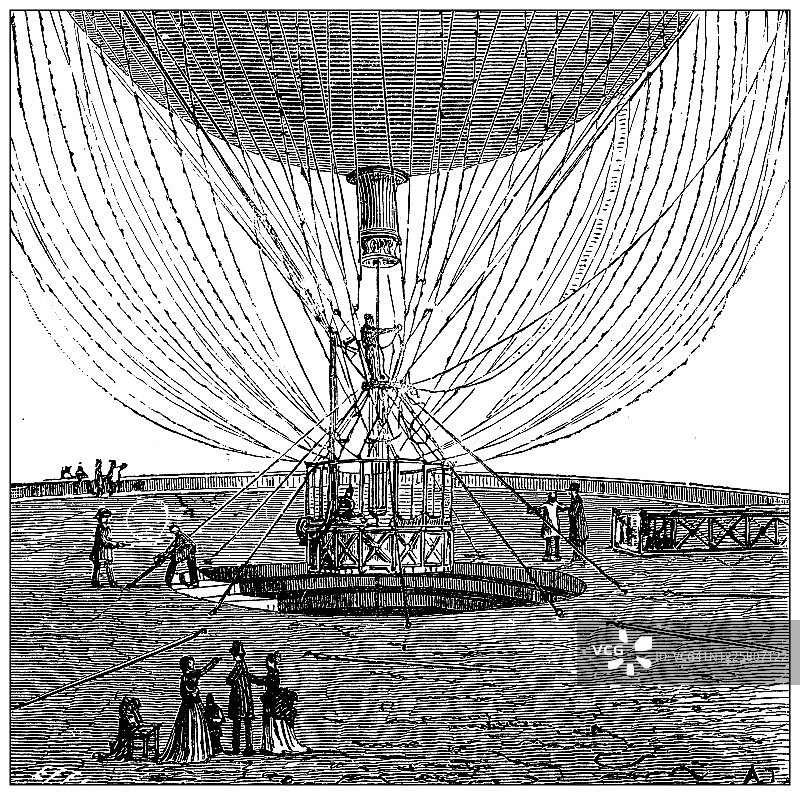 科学发现、实验和发明的古董插图:热气球图片素材