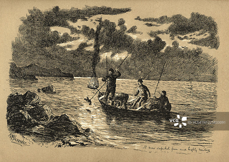 渔民晚上捕猎龙虾，纽芬兰，加拿大，维多利亚，19世纪图片素材