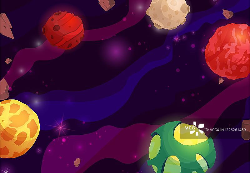 空间卡通矢量插图与不同的行星。星系，宇宙，宇宙元素的电脑游戏，儿童书籍。图片素材