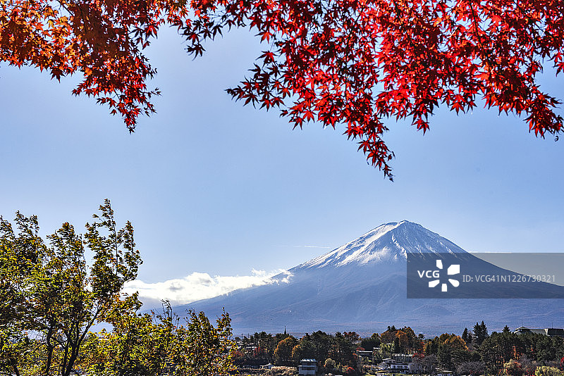 日本川口湖秋日富士山和红枫图片素材