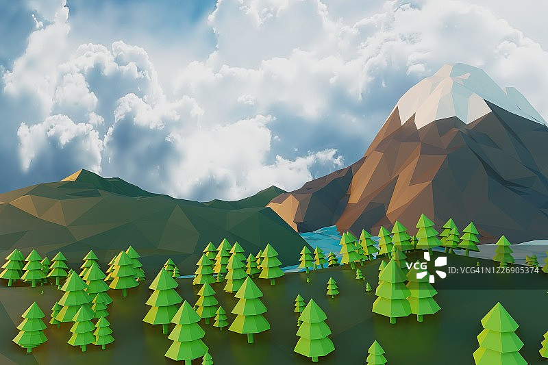 低多边形景观自然与山、树和云日落背景最小动画3d渲染图片素材