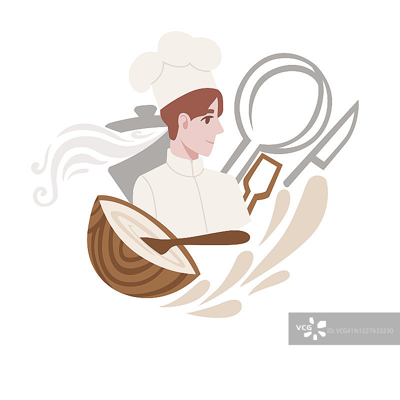 年轻男性面包房厨师与厨房工具卡通平面人物设计矢量插图在白色的背景图片素材