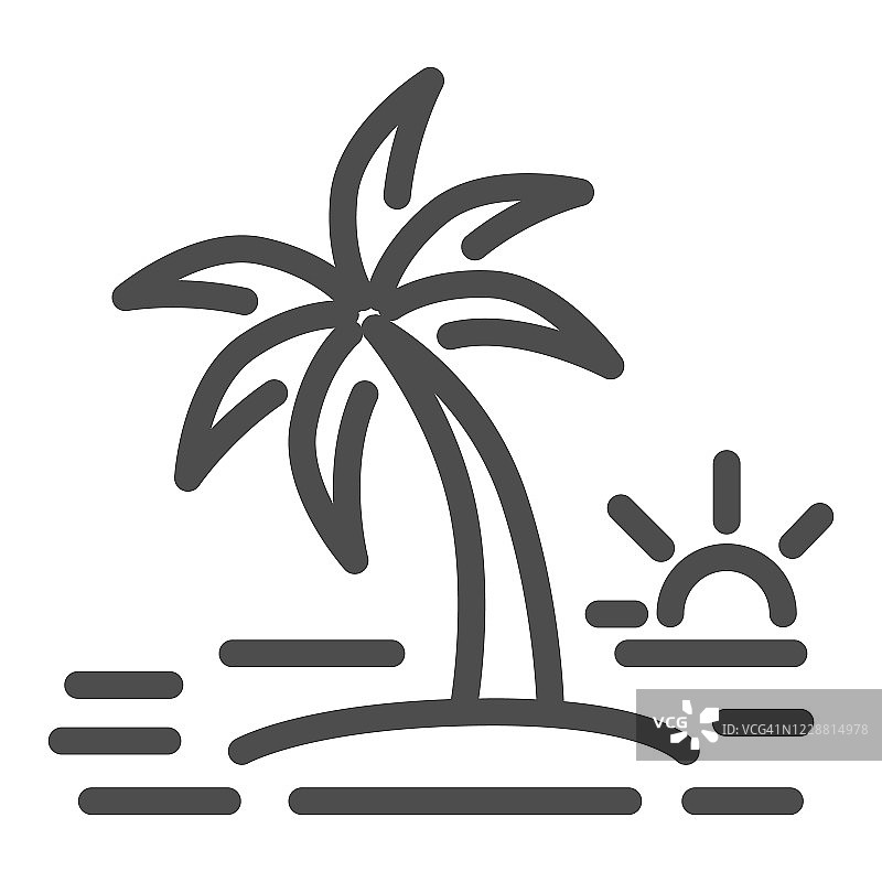 岛屿与棕榈树线图标，夏季概念，日落标志的白色背景，椰子树在岛屿上的图标轮廓风格的移动概念和网页设计。矢量图形。图片素材