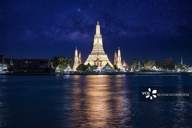 夜景寺寺在泰国曼谷和银河系的背景。图片素材