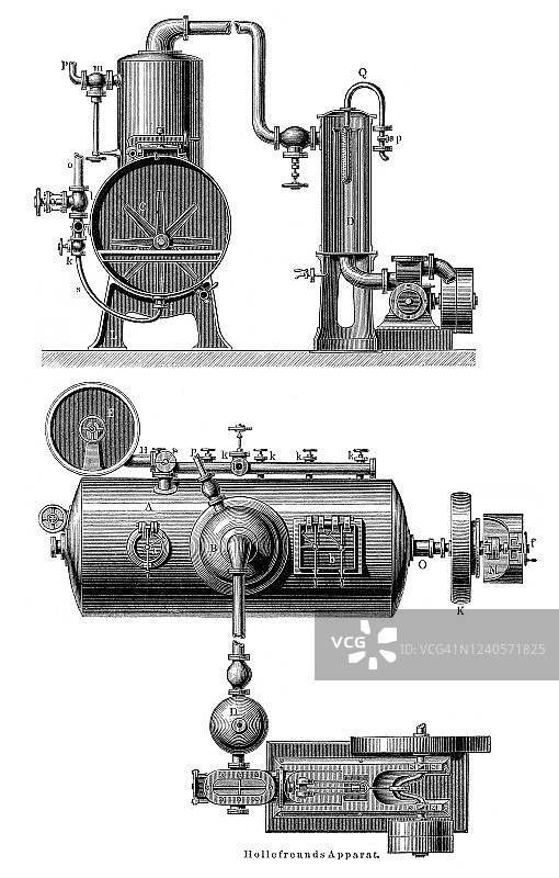 1897年在铜蒸馏器中蒸馏酒精或啤酒图片素材